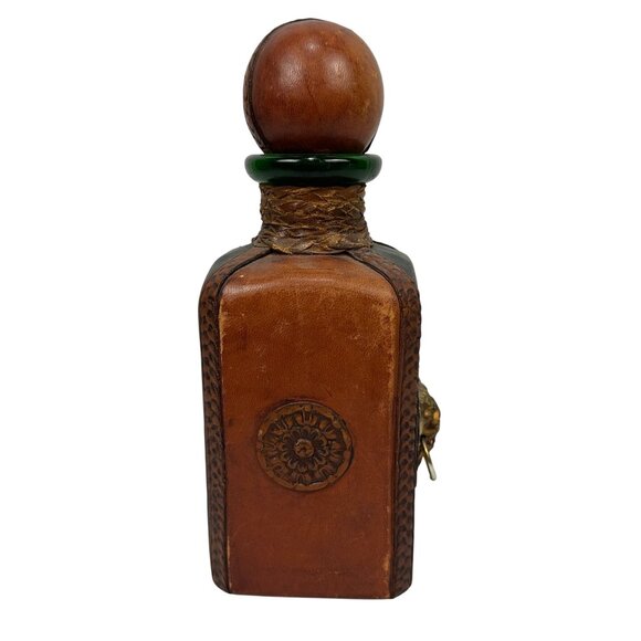 Leather Wrapped Whiskey Decanter With Lion Motif & Wooden Stopper A Menini Italy - Picture 6 of 7